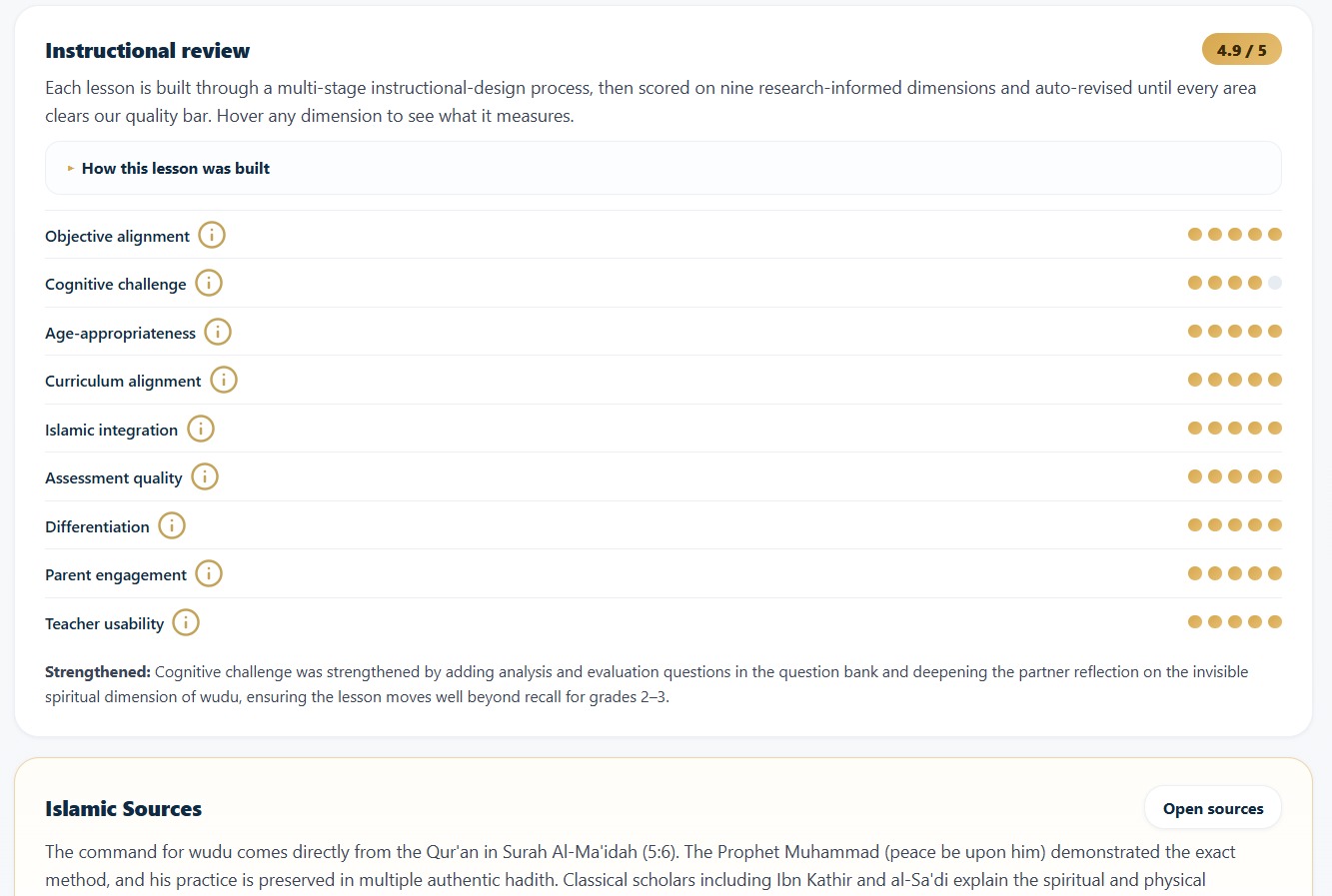 Instructional review scoring nine research-informed dimensions