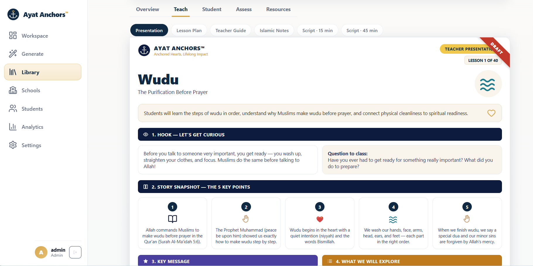 Ayat Anchors teacher presentation for a lesson on Wudu, with hook, story snapshot, and key message sections